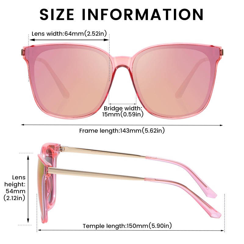 DUCO Oversized Polarized Sunglasses Womens Trendy Mirrored Shades Retro Round Vintage Light Weight UV400 Sun Glasses W016 (01- Transparent Pink Frame Pink Lens) - Image 3